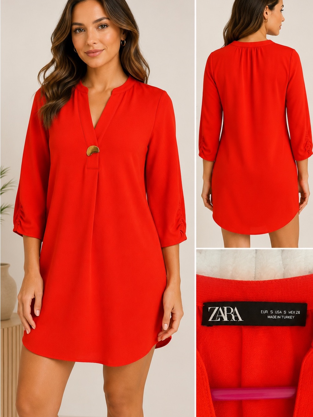 Zara Bright Red Split-Neck Shift Dress with Gold Accent